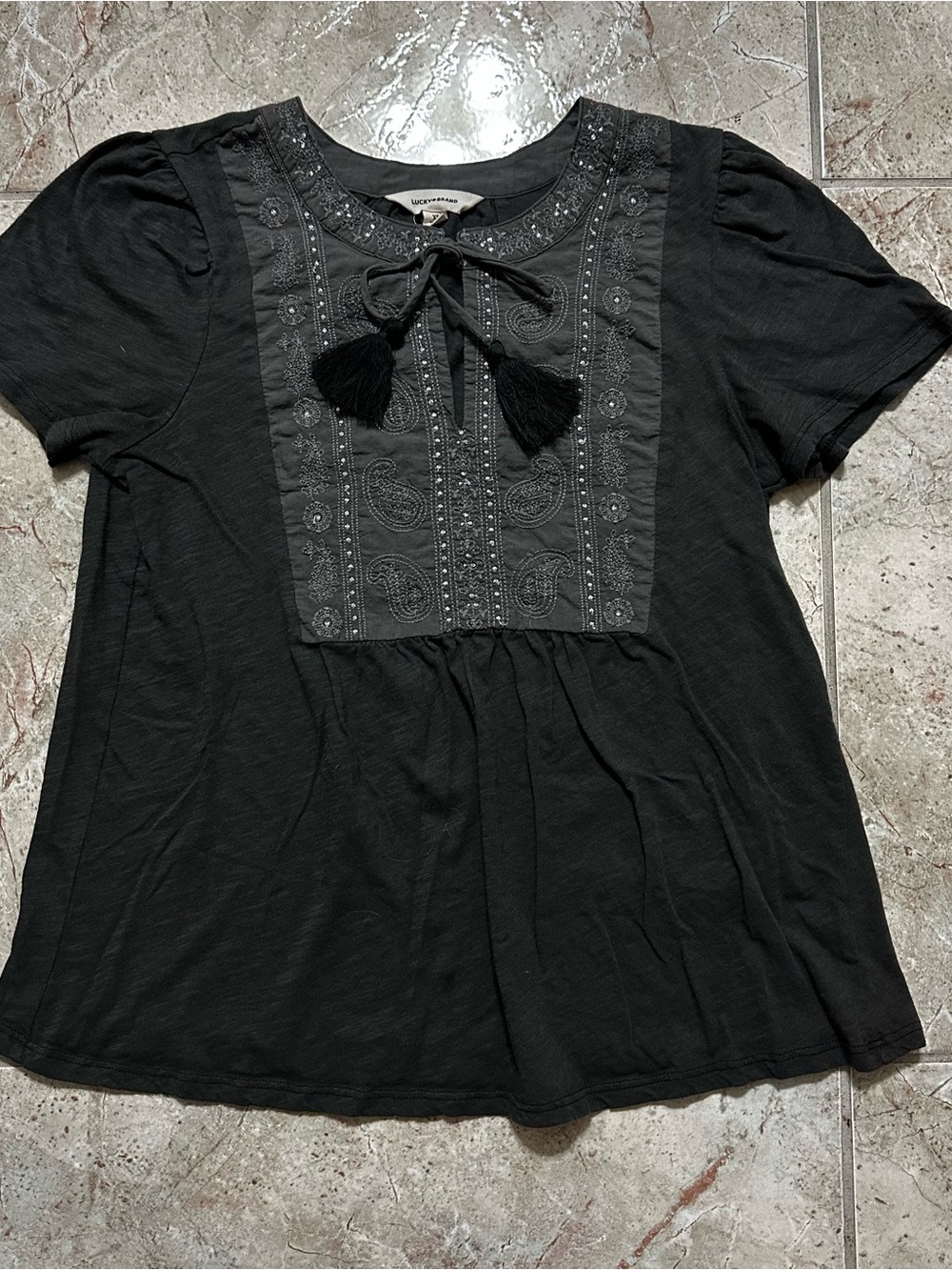 Lucky Brand Black Embroidered Tassel Tie Short Sleeve Blouse